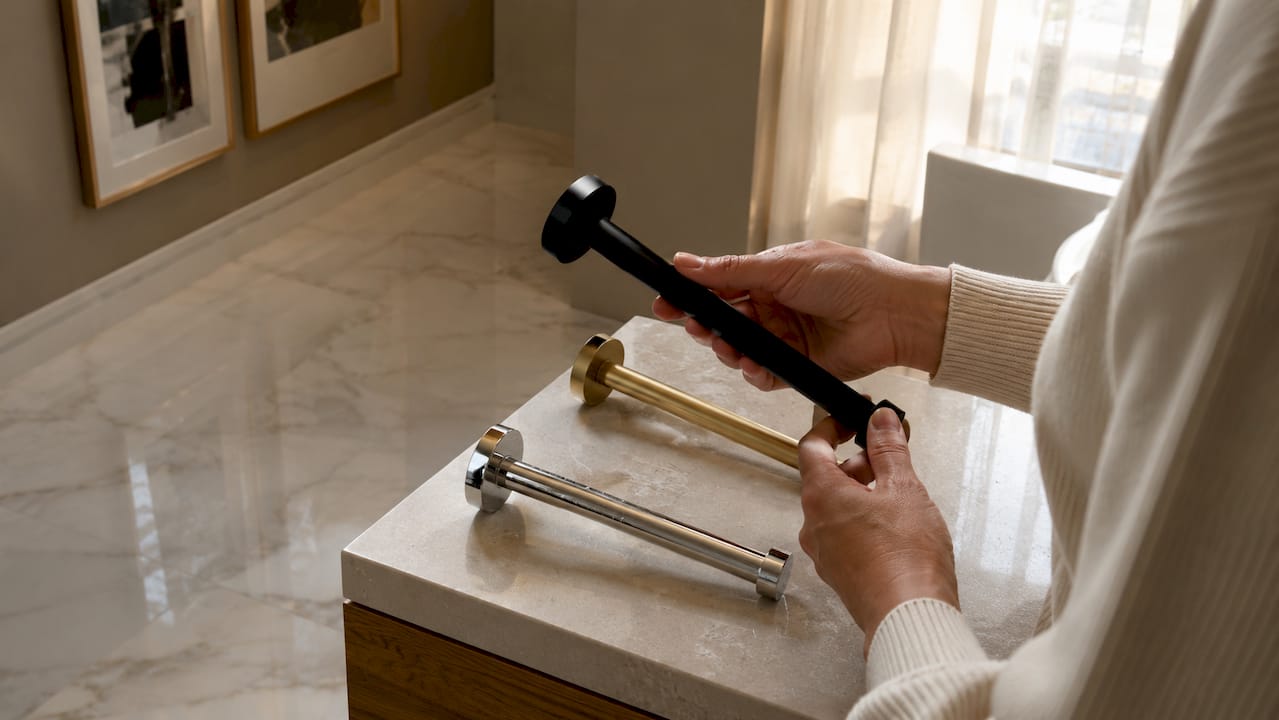 Hands examining different toilet tissue holder materials and finishes