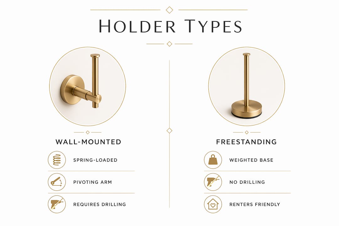 Infographic comparing wall-mounted and freestanding toilet tissue holders