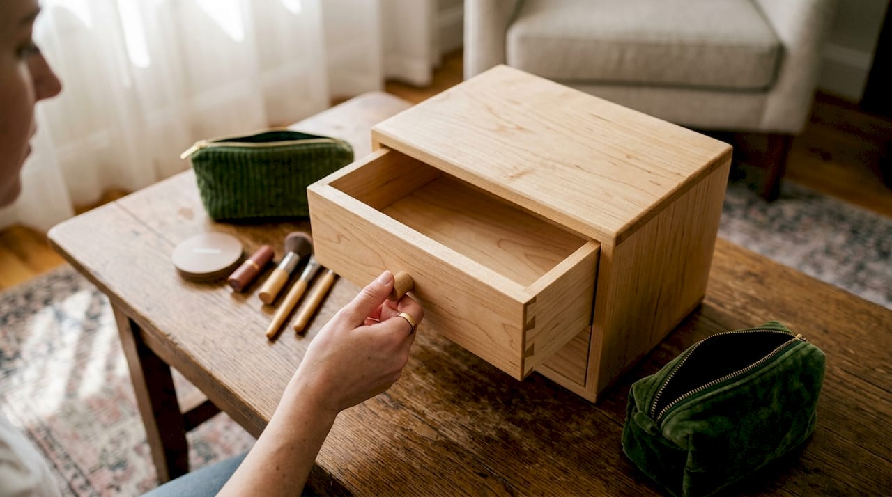 Hands opening wooden makeup organizer drawer