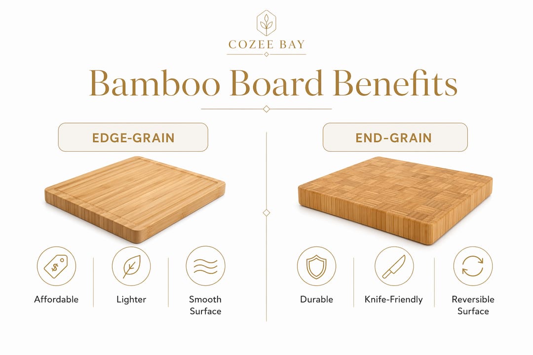 Infographic comparing edge-grain and end-grain bamboo boards