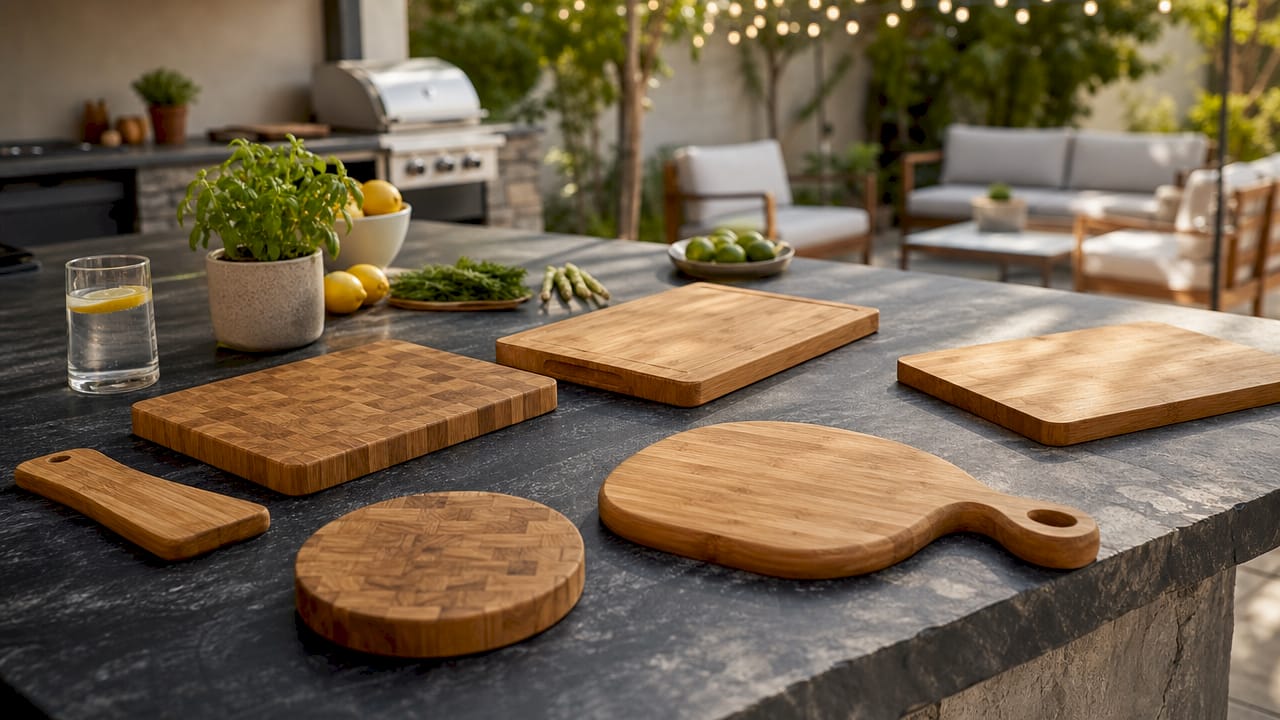 Variety of bamboo cutting boards on wooden table