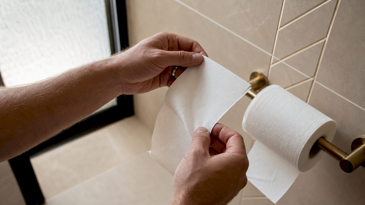 Close-up of hands checking toilet paper quality