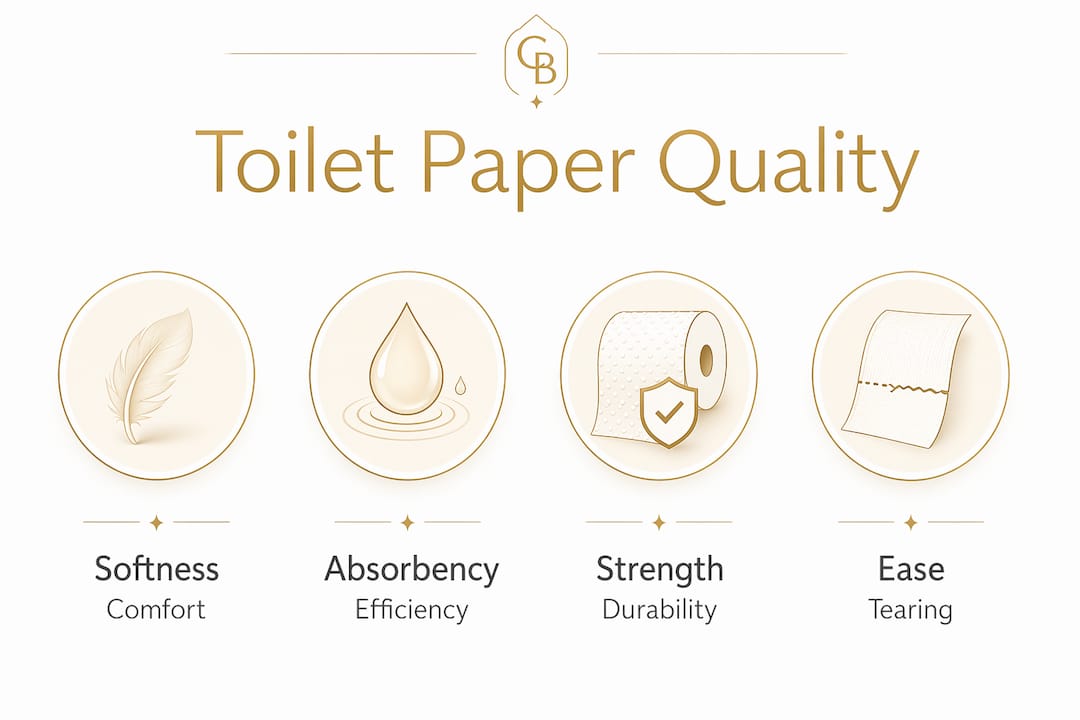 Infographic showing four key toilet paper quality attributes