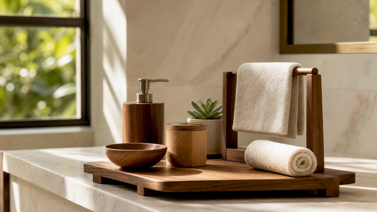 Wooden bathroom accessories in natural light