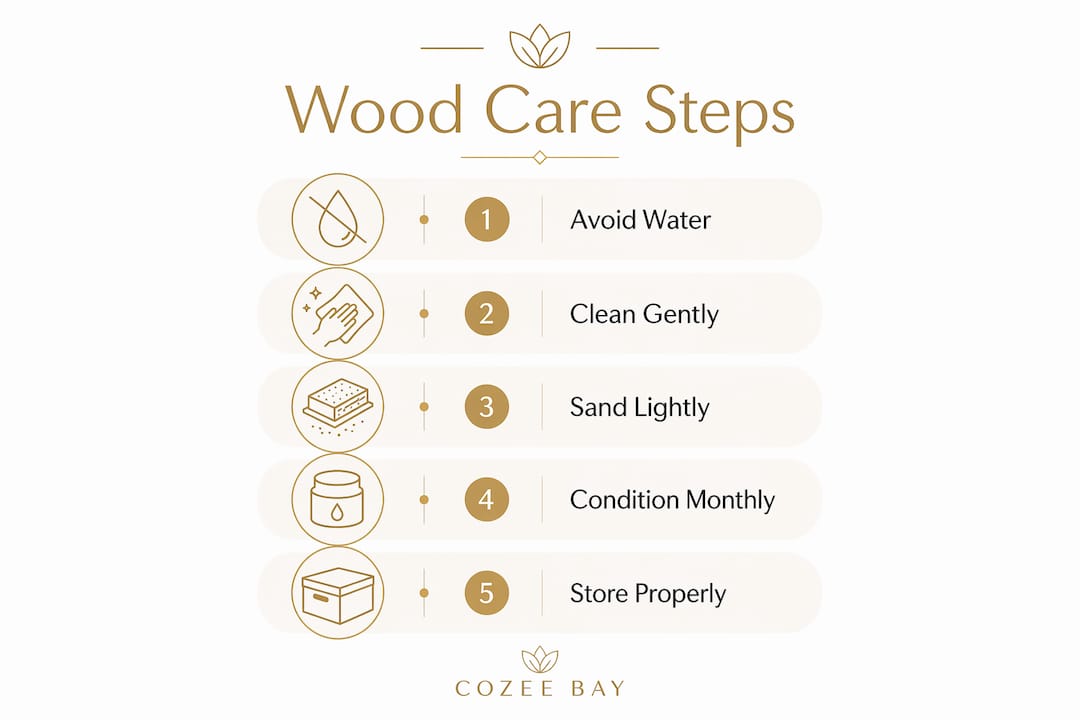 Infographic outlining wooden bathroom accessory care steps