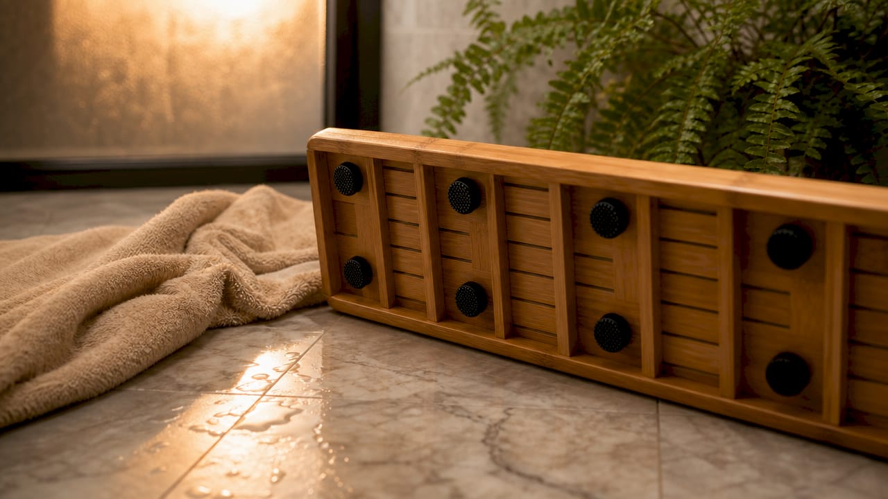 Bamboo bath mat undersurface with rubber feet on wet floor