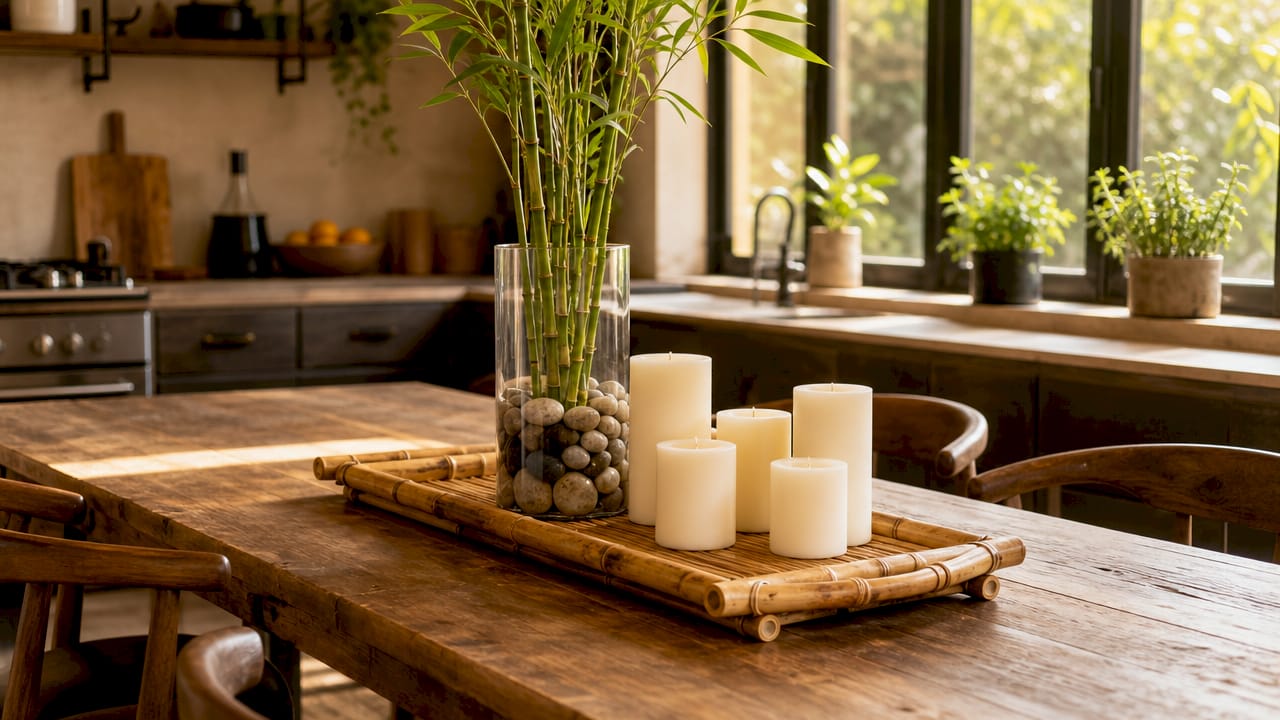 Bamboo centerpiece with candles and stones