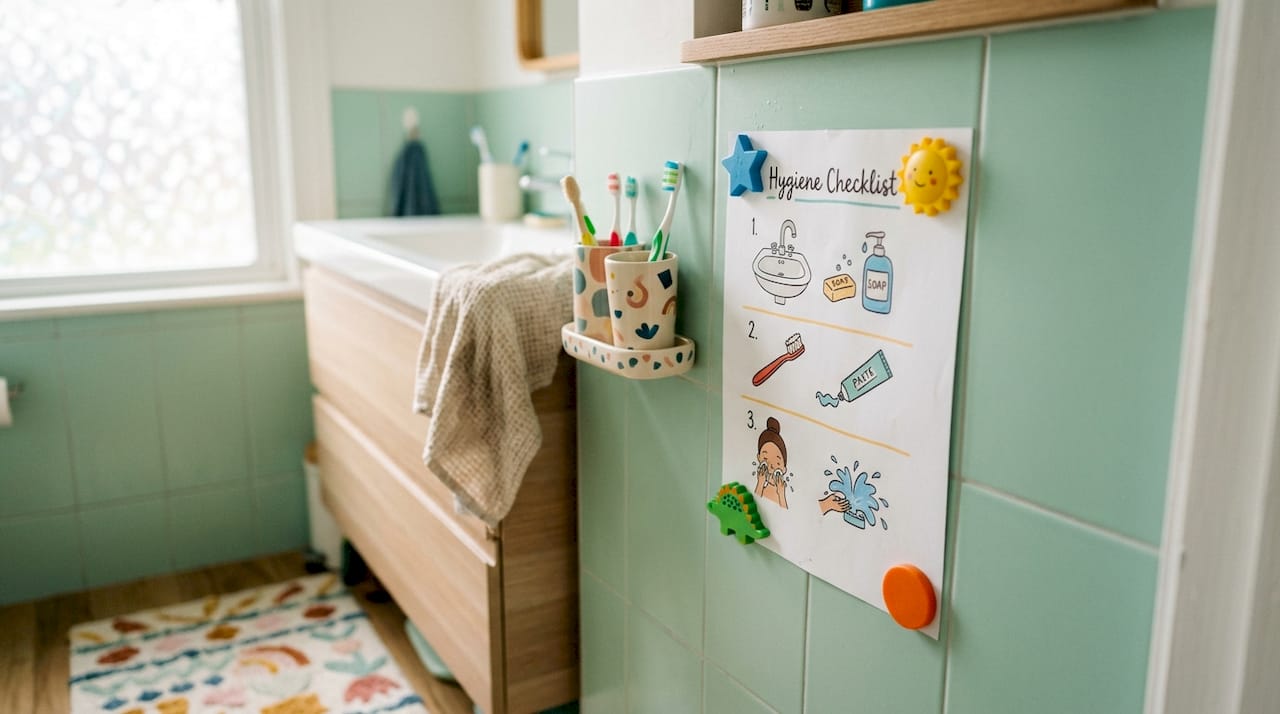 Child hygiene checklist in bathroom
