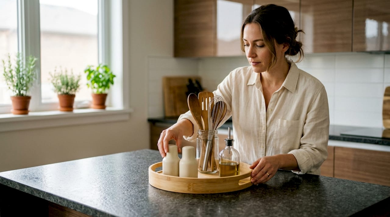 Hands arranging kitchen items on decorative tray