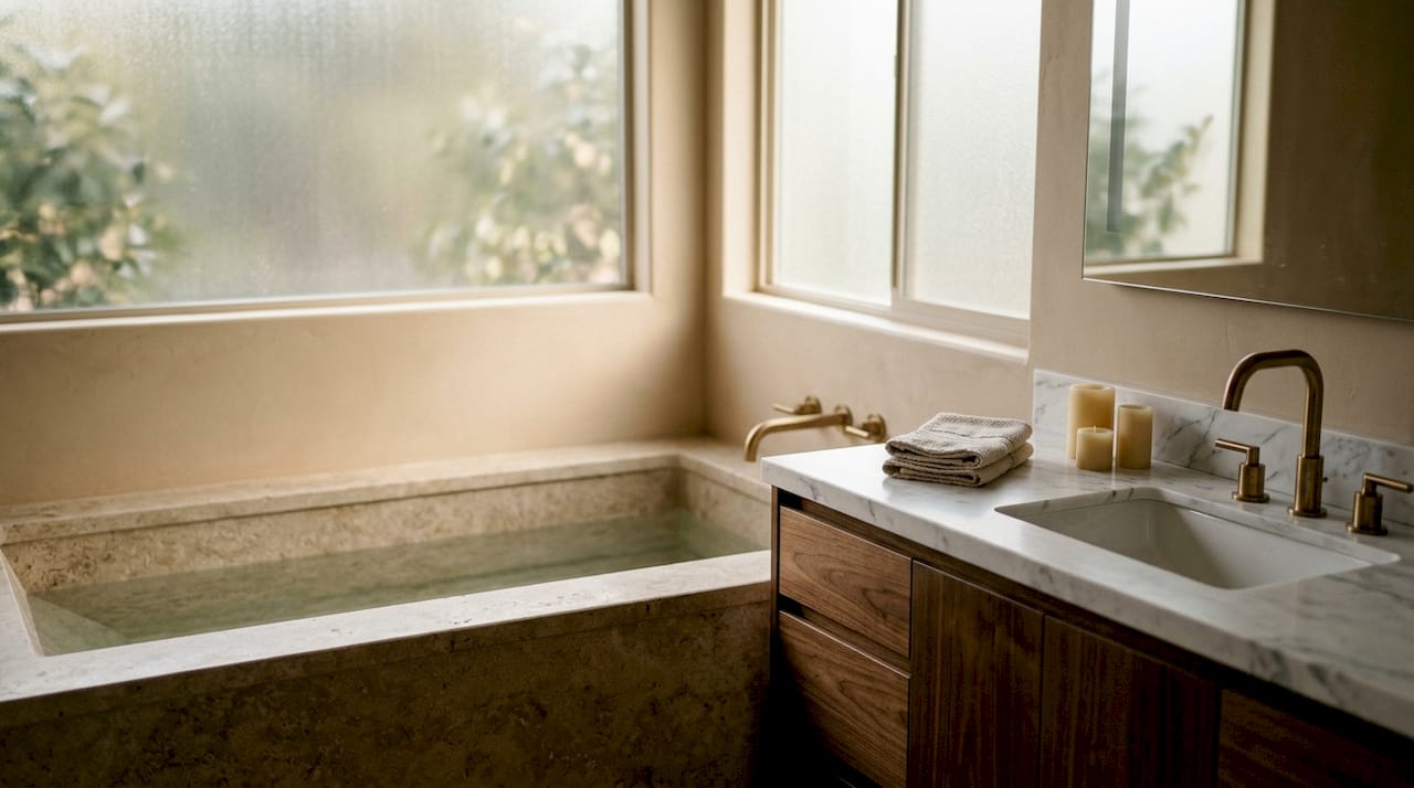 Close-up of bathroom vanity with stone and copper fixtures
