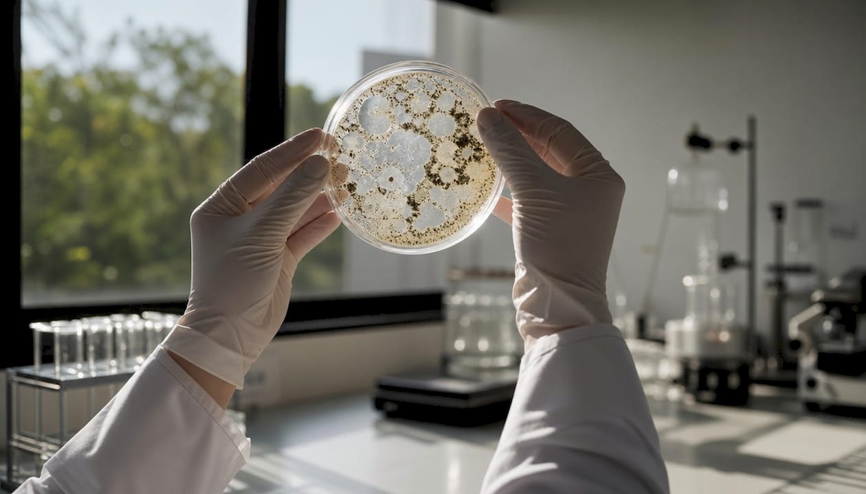 Hands holding petri dish with bacteria on biodegradable film