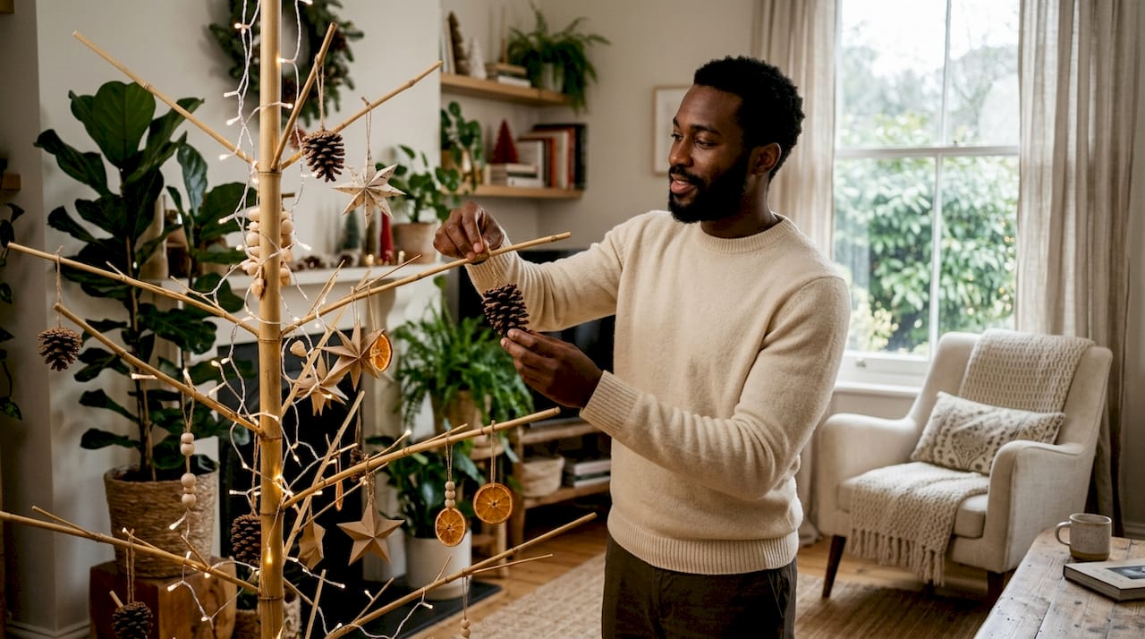 Living room with decorated bamboo Christmas tree and person