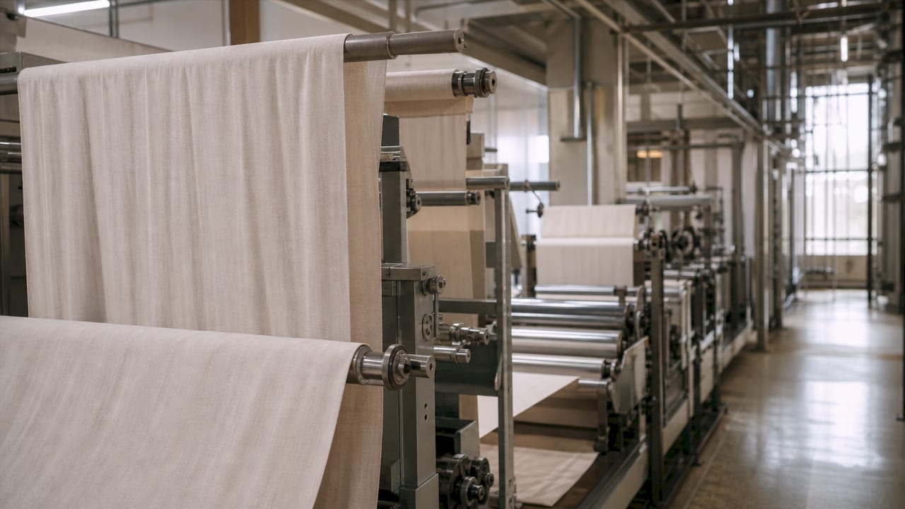Close-up on bamboo lyocell fabric production machinery
