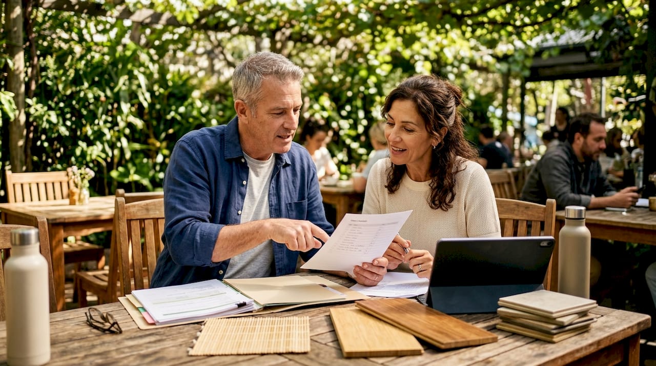 Two people reviewing bamboo certification checklist