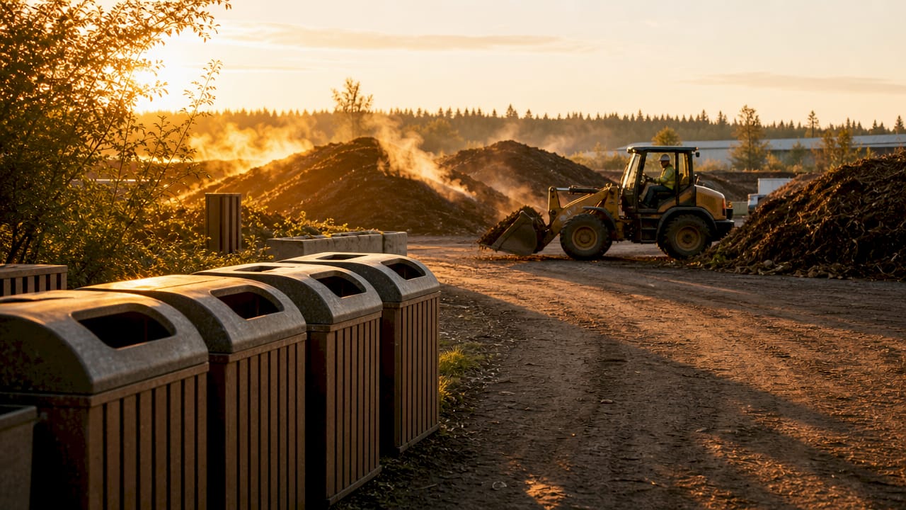Industrial composting facility with compost piles and worker