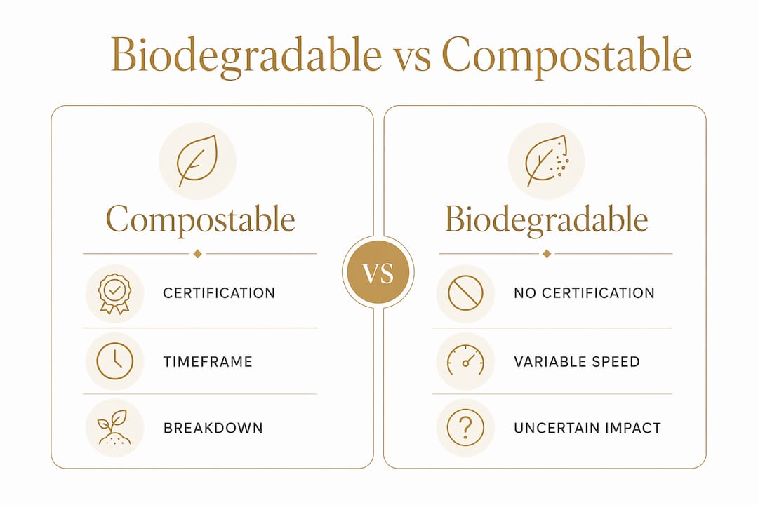 Infographic comparing biodegradable and compostable product standards