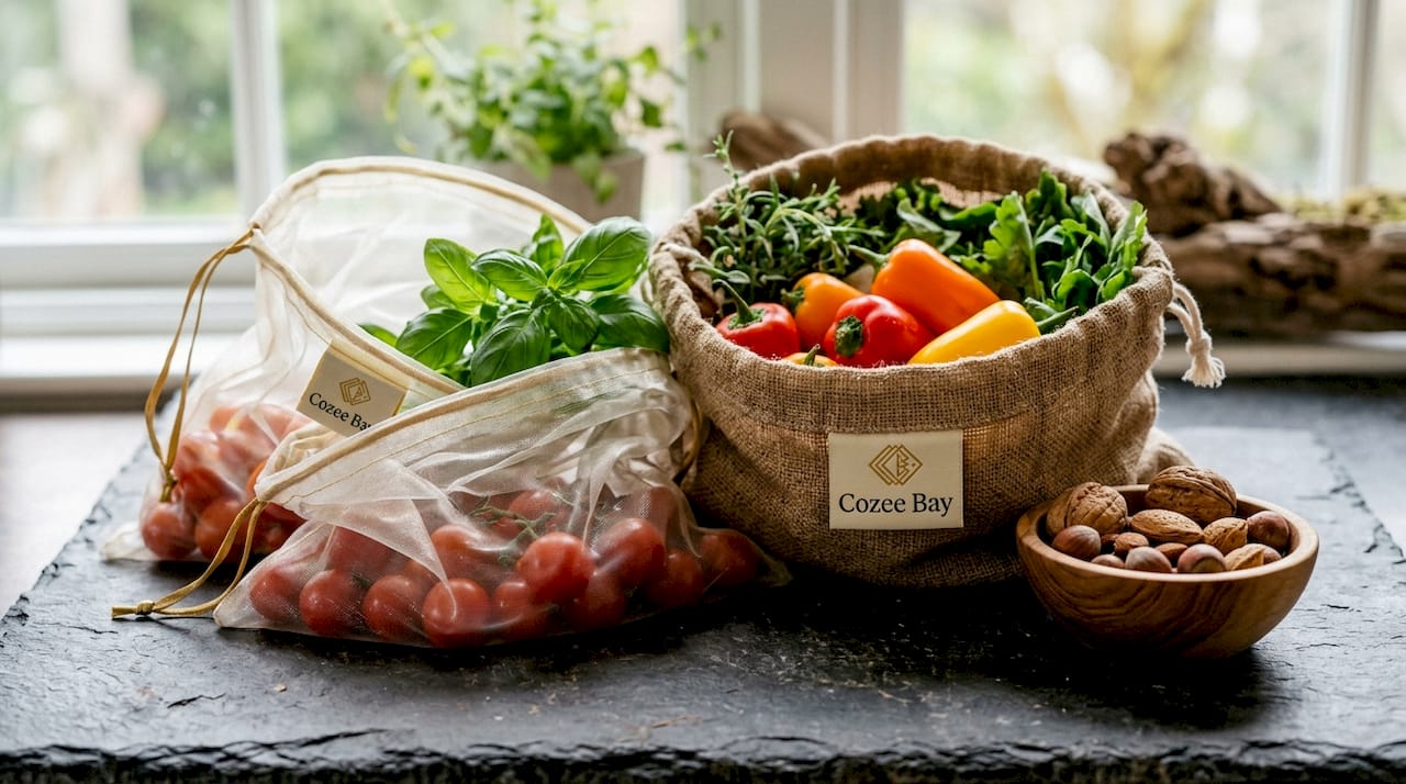 Close-up of polyester mesh and cotton reusable produce bags