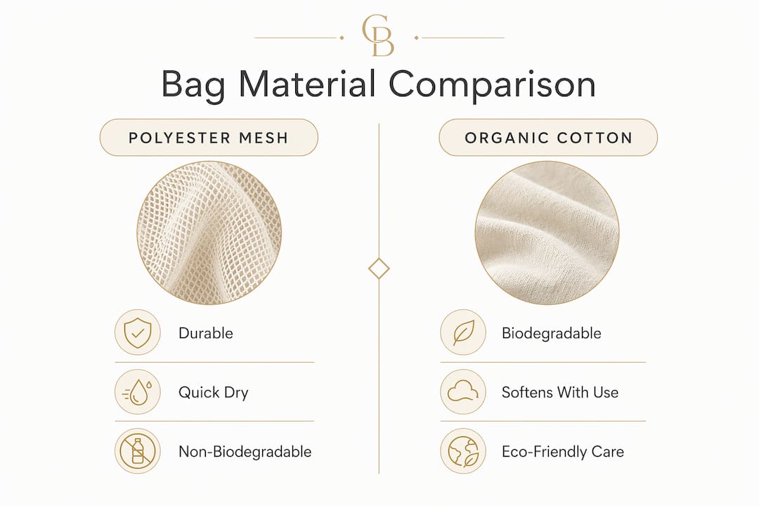 Infographic comparing polyester mesh and organic cotton bags