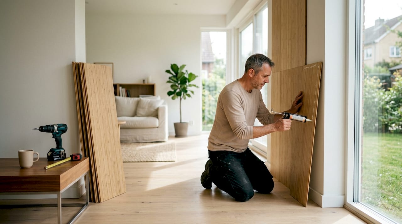 Man installing solid bamboo wall panel indoors