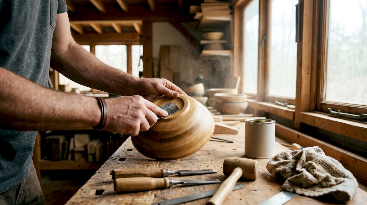 Artisan hand sanding bamboo bowl in workshop