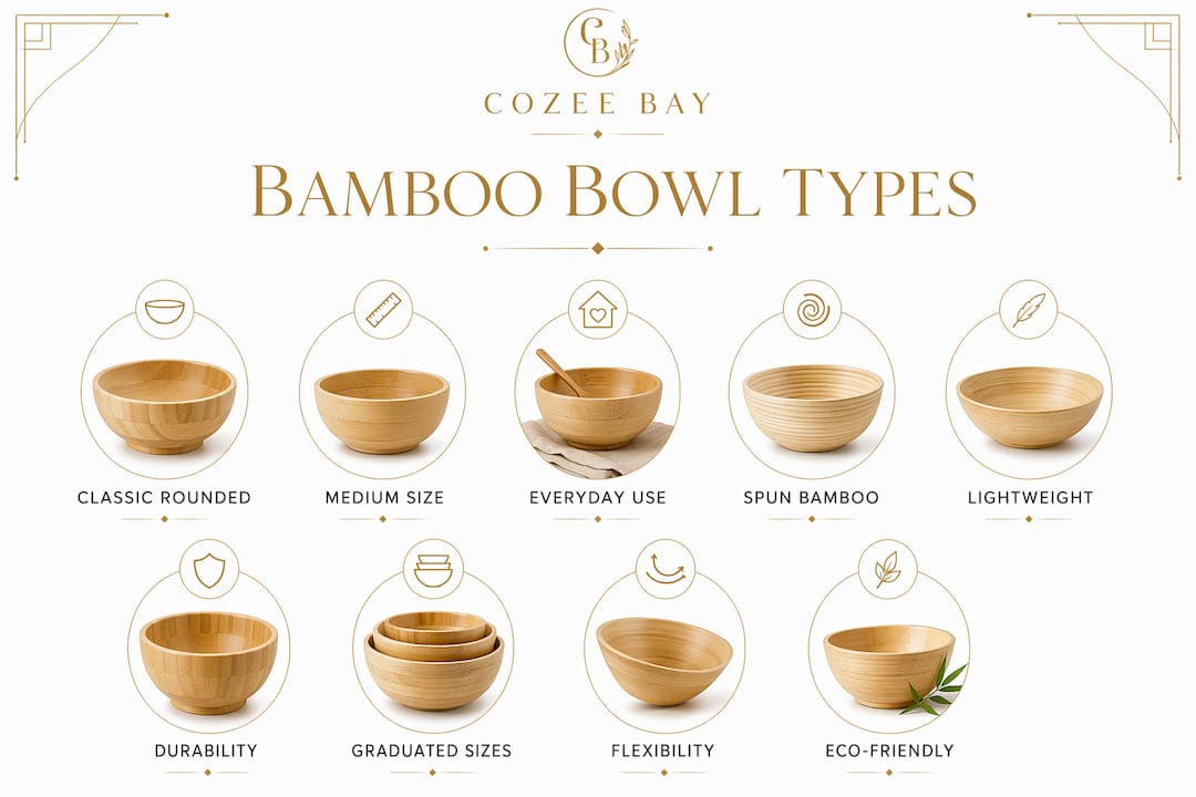 Infographic showing bamboo bowl types and features