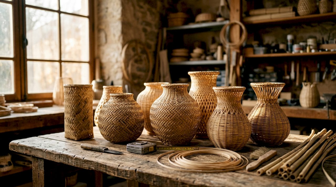Close-up of artisan woven bamboo vases