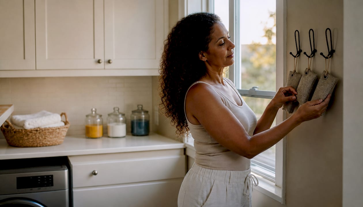 Woman hanging bamboo charcoal odor bags in laundry room