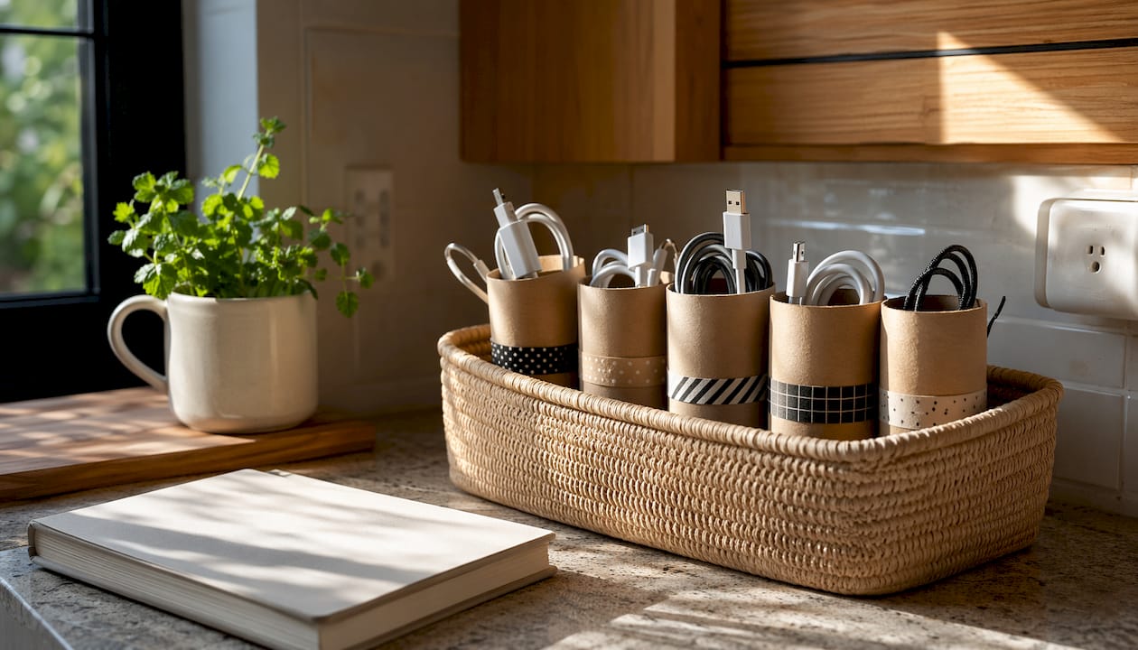 Organized cables stored in decorated toilet paper rolls on desk