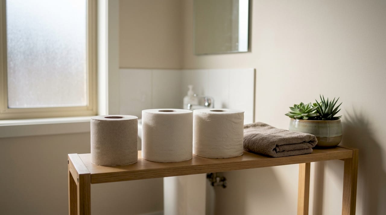 Close-up of standard toilet paper rolls on shelf