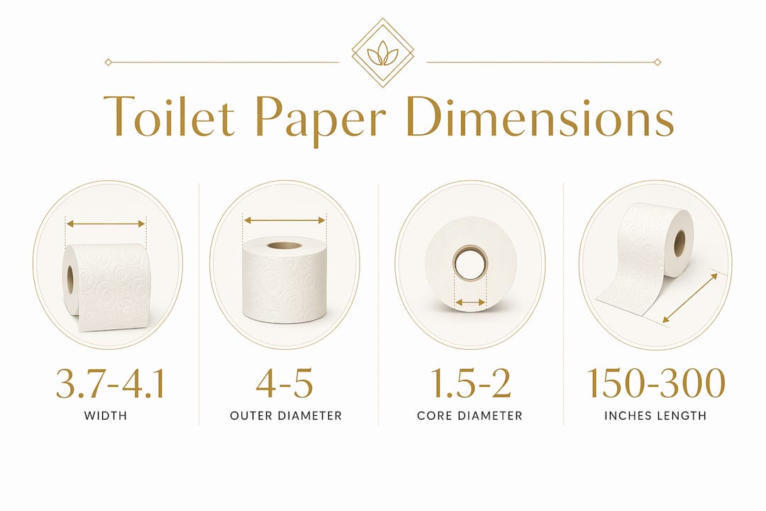 Infographic displaying key toilet paper roll measurements