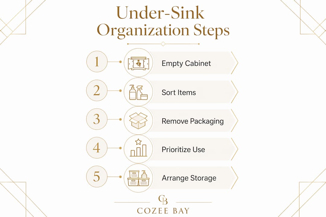 Infographic outlining steps to organize under bathroom sink