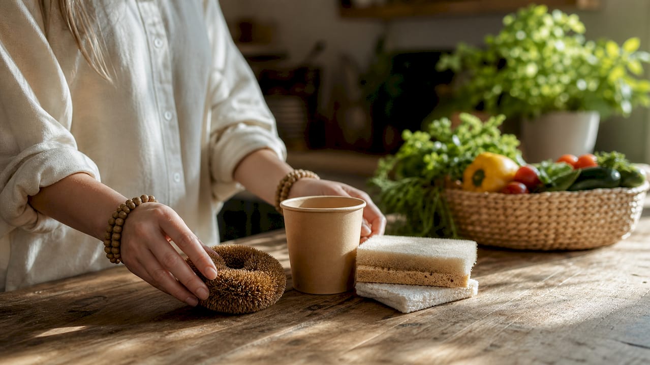 Hands arranging everyday biodegradable items on kitchen counter