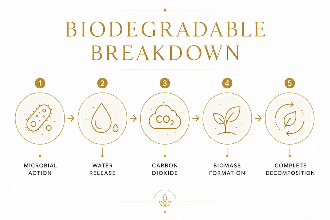 Infographic illustrating biodegradable material breakdown process with key stages