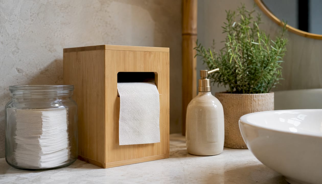 Bamboo paper towel dispenser on wooden counter