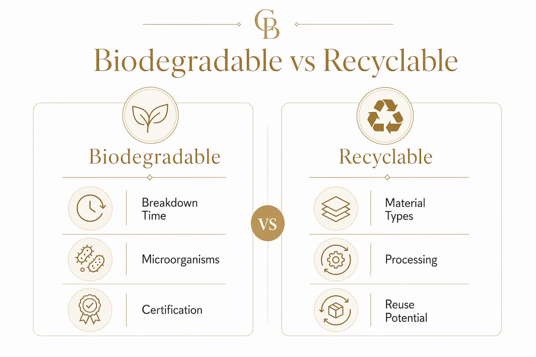Comparison infographic of biodegradable and recyclable materials