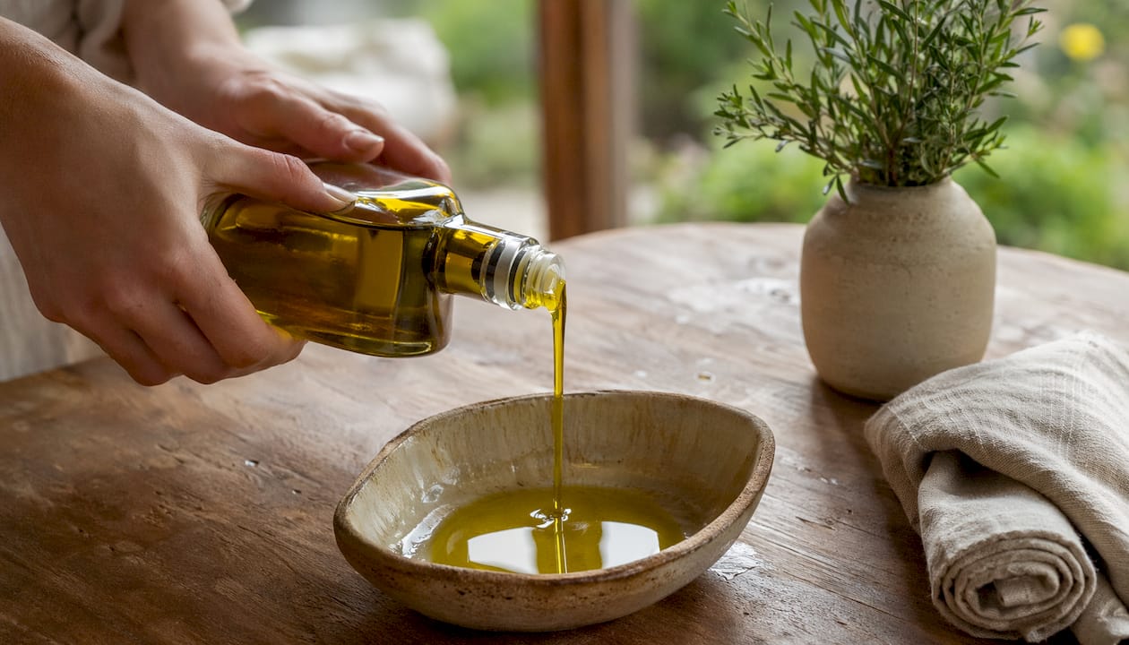 Hands pouring olive oil into bamboo dispenser