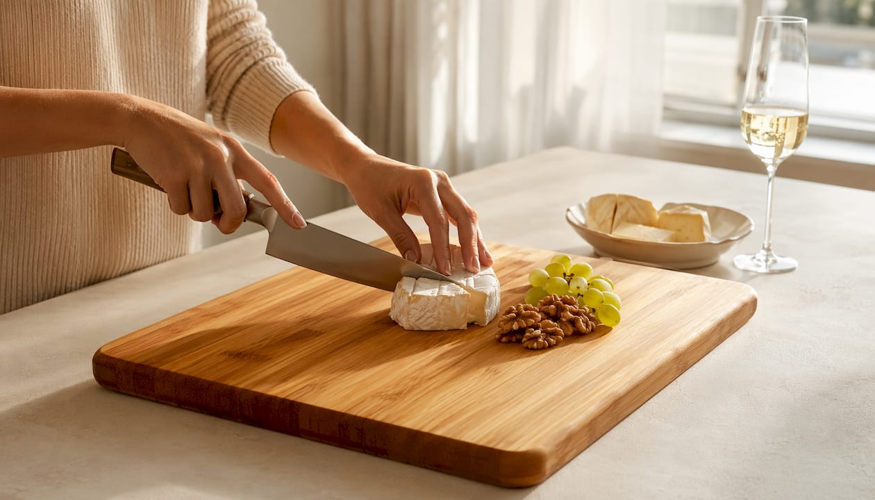 Polished bamboo cutting board with warm kitchen ambiance