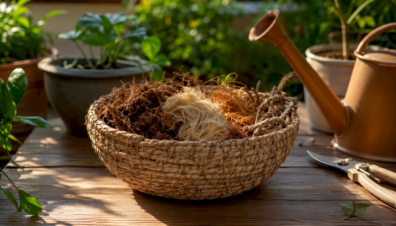 Basket with bamboo and bagasse plant compost materials