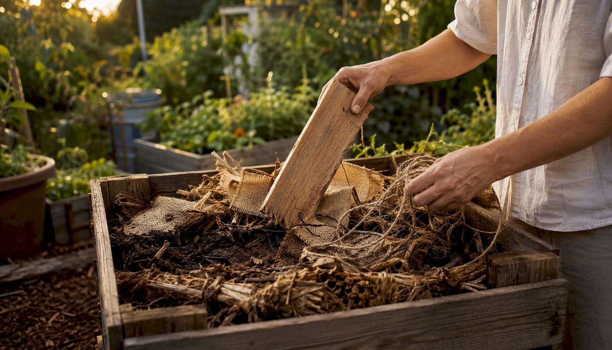 Hands adding wood and hemp fibers to compost pile