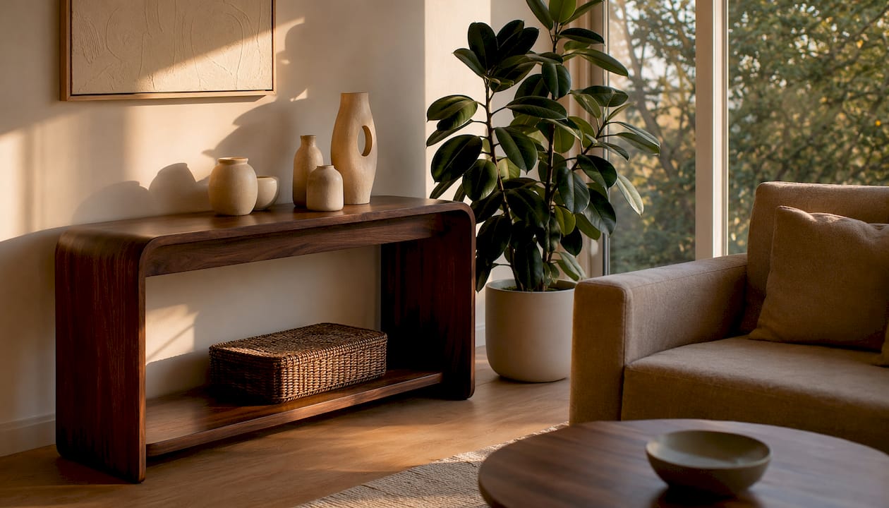 Reclaimed teak wood console in living room corner