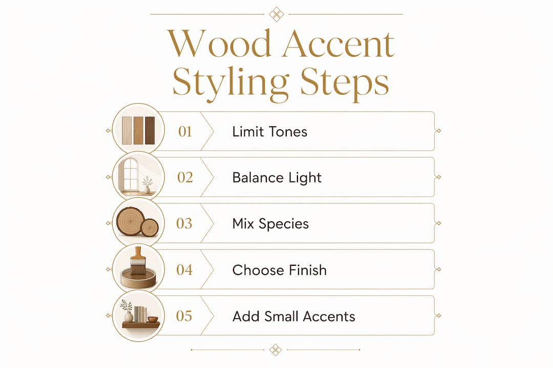 Infographic illustrating wood accent styling steps