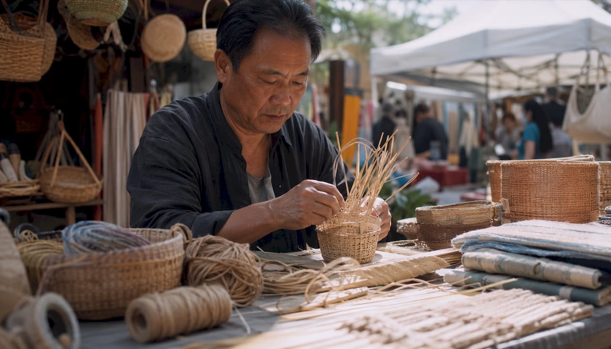 Close-up of hands weaving bamboo fibers