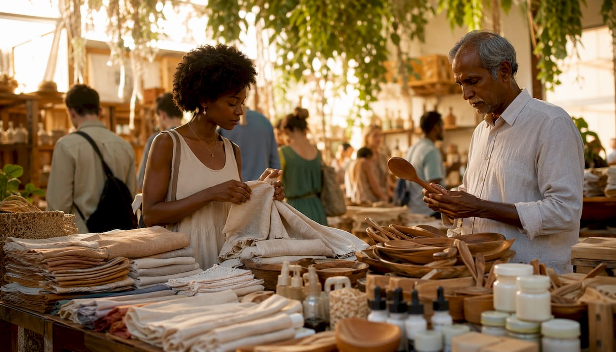 Customers browsing sustainable products at market