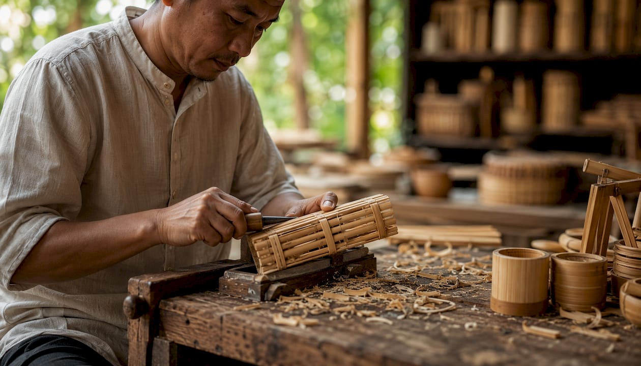 Artisan repairing bamboo product in workshop