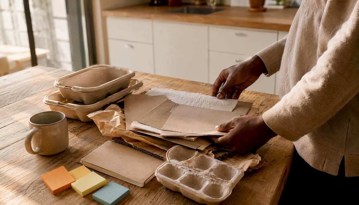 Hands sorting eco-friendly packaging materials overhead view