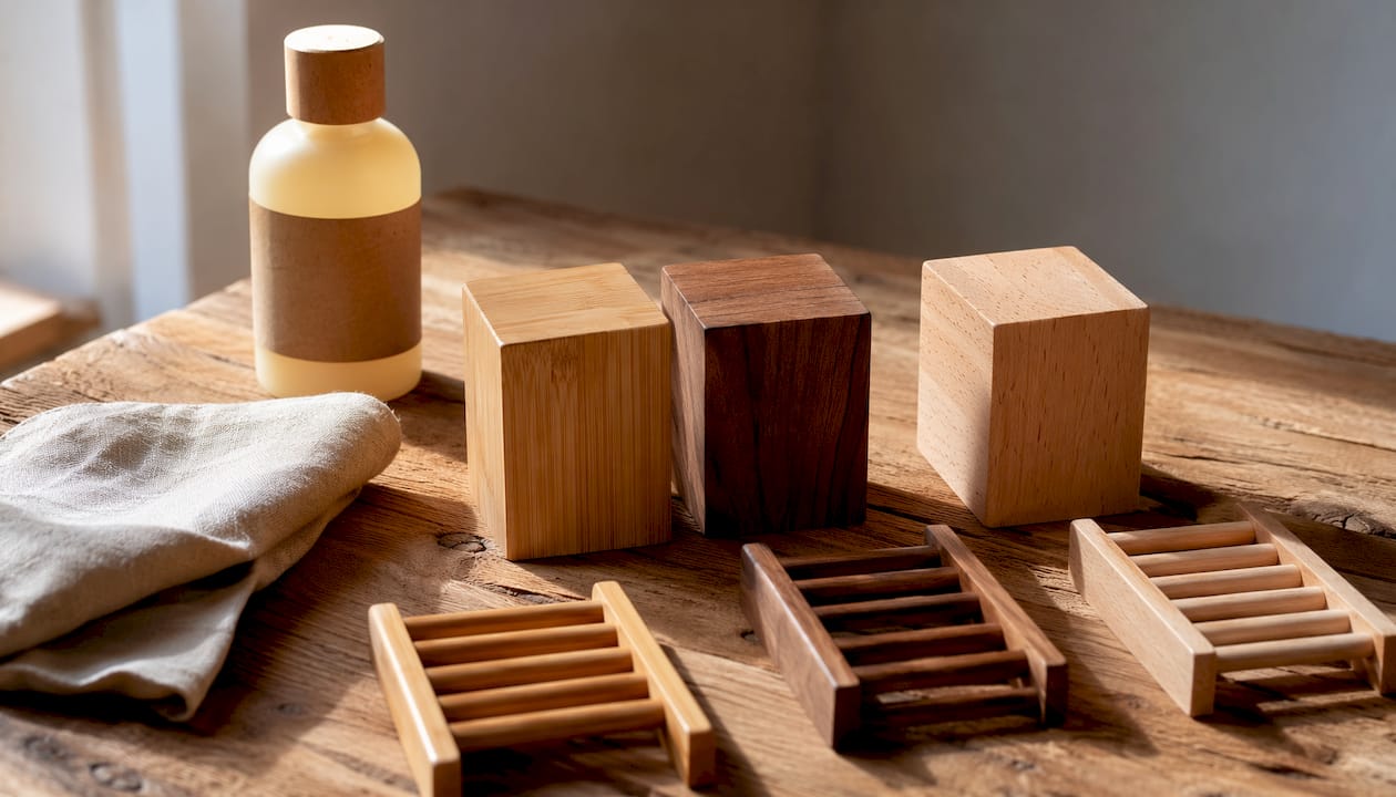Bamboo, teak, and beech wood samples with dish racks