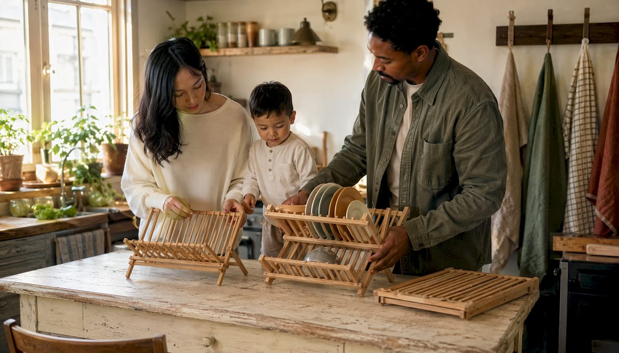 Various wooden dish racks displayed in kitchen