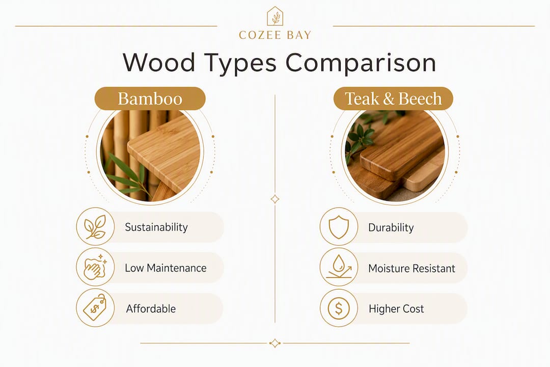 Infographic comparing bamboo and teak/beech wood dish racks