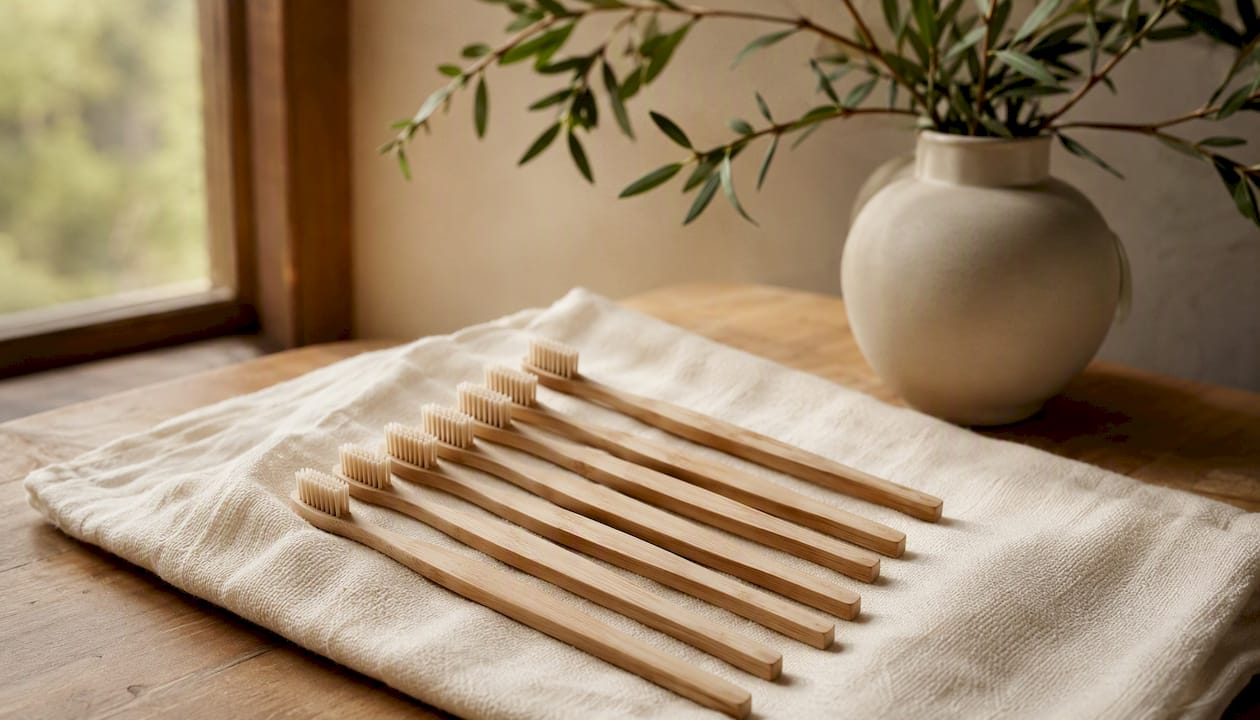 Close-up of bamboo toothbrush handles on plate