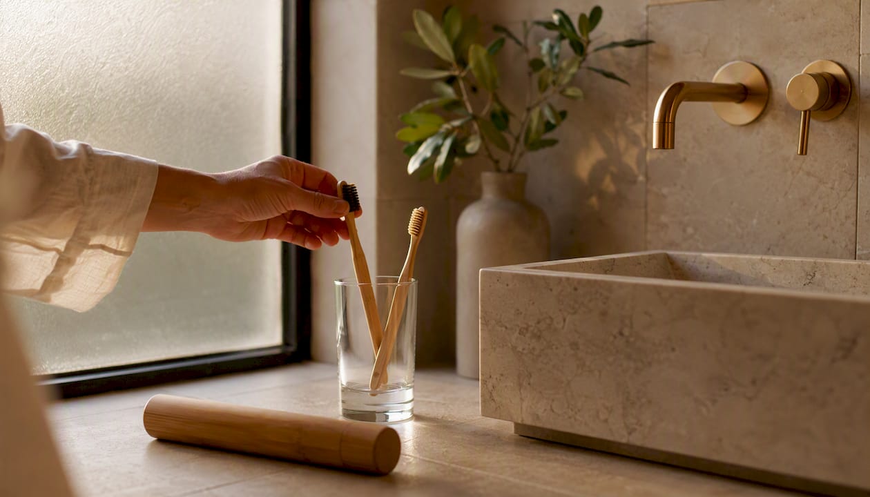 Hands placing bamboo toothbrush in bathroom cup